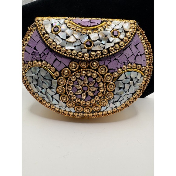 Ramla Handbags - Ramla BOHO Mosaic Shell Clutch - Gold & Purple Inlay Statement Purse